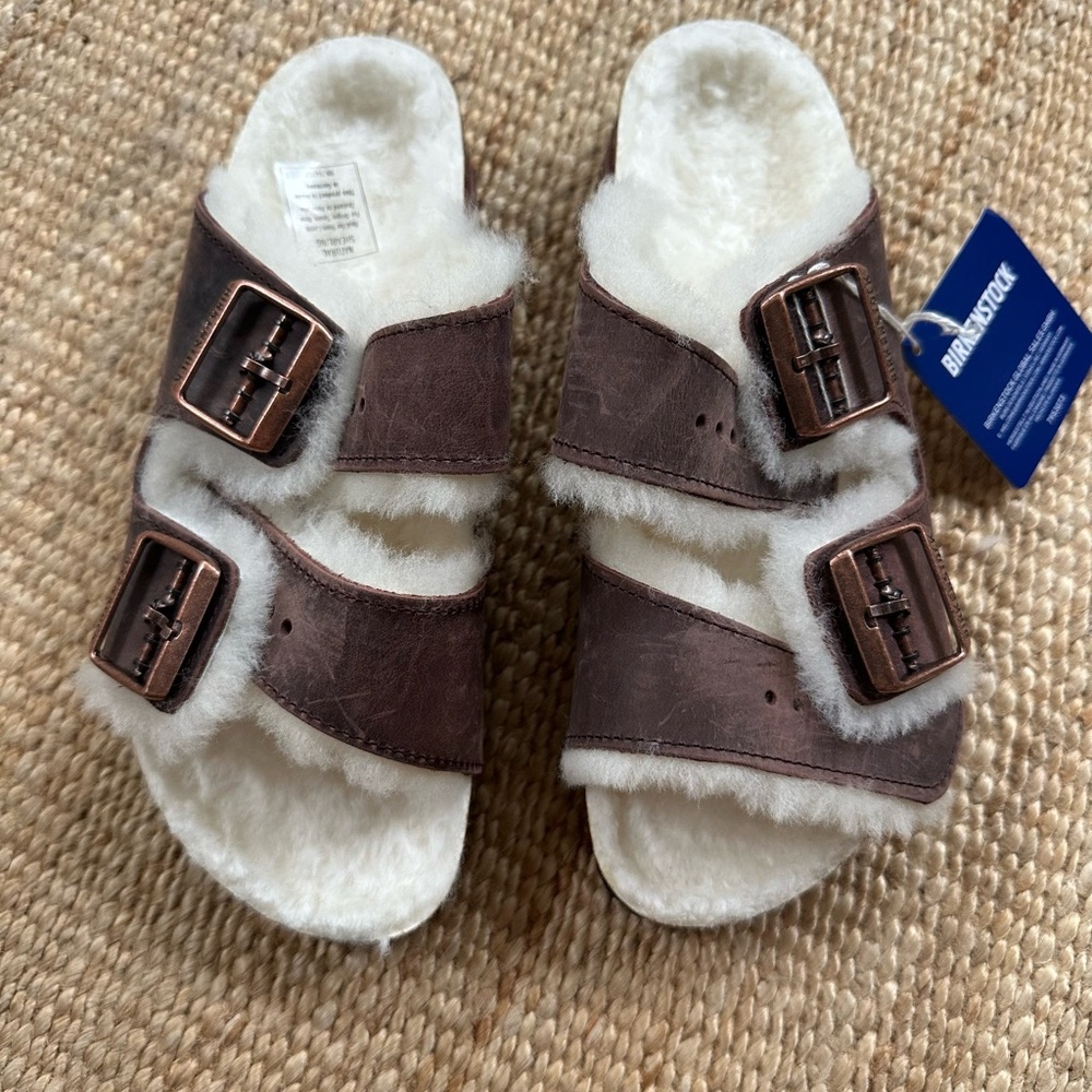 NIB Birkenstock Arizona shearling Havana leather womens 37 narrow